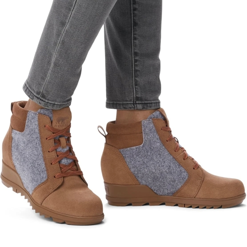Sorel Evie Ankle Lace Up Winter Wedge Bootie - Saddle Brown Suede & Gray Heather